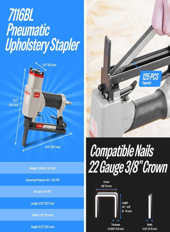meite 7116BL Pneumatic Upholstery Stapler with Long Nose-1/4-Inch to 5/8-Inch 22 Gauge 3/8'' Crown Fine Wire Stapler - Image 2