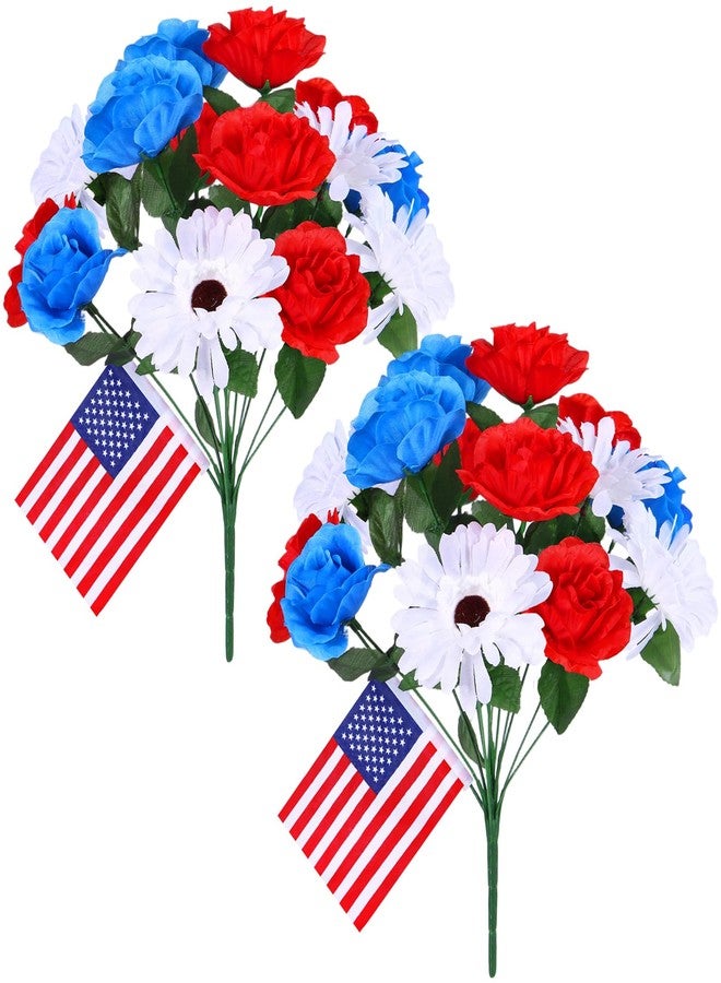 UJG 2 Bunches 14 Heads Artificial Flowers for Cemetery, Cemetery Flowers for Grave, 6 Red Roses 4 Blue Roses 4 White Chrysanthemums, Grave Flowers for Cemetery for Memorial Day Veterans Day 4th of July - Image 1