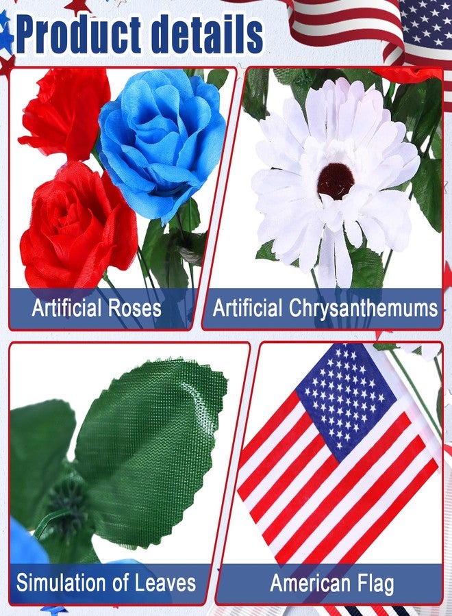 UJG 2 Bunches 14 Heads Artificial Flowers for Cemetery, Cemetery Flowers for Grave, 6 Red Roses 4 Blue Roses 4 White Chrysanthemums, Grave Flowers for Cemetery for Memorial Day Veterans Day 4th of July - Image 3