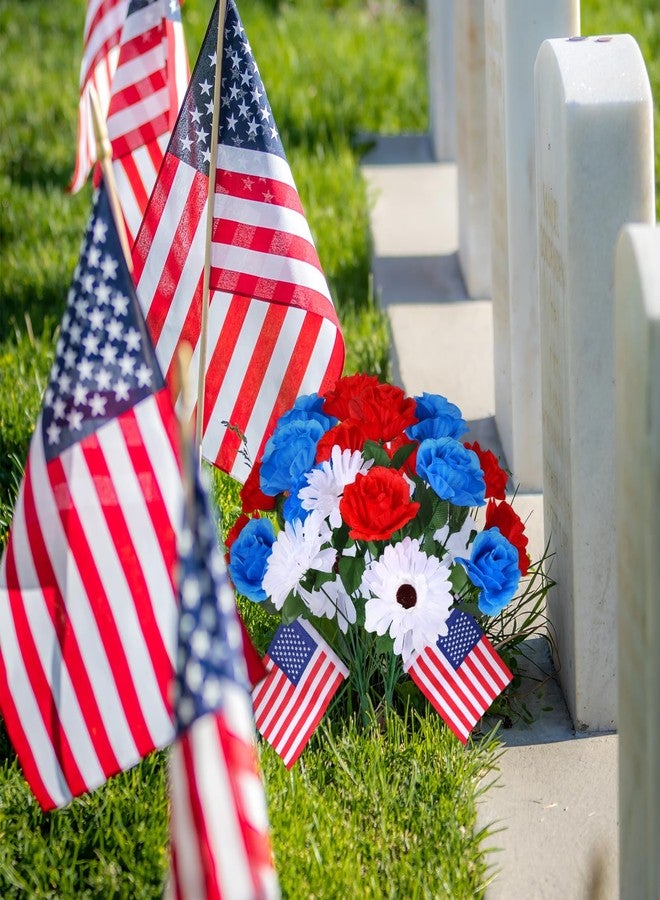 UJG 2 Bunches 14 Heads Artificial Flowers for Cemetery, Cemetery Flowers for Grave, 6 Red Roses 4 Blue Roses 4 White Chrysanthemums, Grave Flowers for Cemetery for Memorial Day Veterans Day 4th of July - Image 5