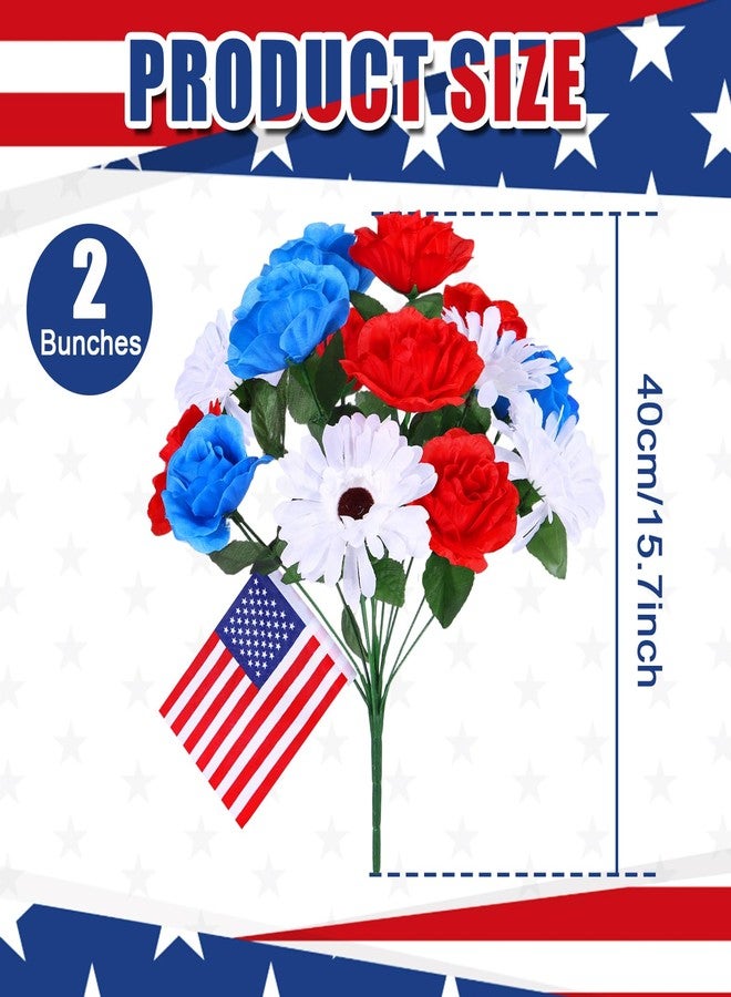 UJG 2 Bunches 14 Heads Artificial Flowers for Cemetery, Cemetery Flowers for Grave, 6 Red Roses 4 Blue Roses 4 White Chrysanthemums, Grave Flowers for Cemetery for Memorial Day Veterans Day 4th of July - Image 2