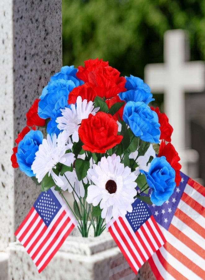 UJG 2 Bunches 14 Heads Artificial Flowers for Cemetery, Cemetery Flowers for Grave, 6 Red Roses 4 Blue Roses 4 White Chrysanthemums, Grave Flowers for Cemetery for Memorial Day Veterans Day 4th of July - Image 4