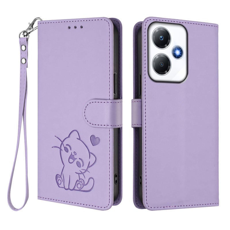 إيروريكس جراب هاتف من الجلد المنقوش بنقشة قطة لهاتف Infinix Hot 30 Play 4G / NFC 4G مع حزام يد (أرجواني فاتح) - Image 2