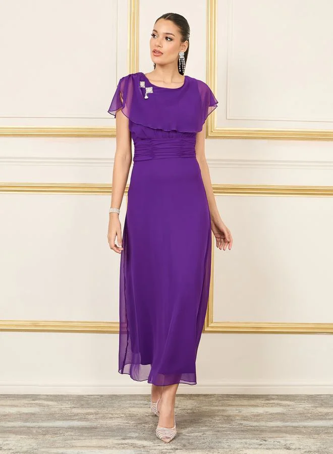 Styli Overlay Ruched Detail Waist A-Line Maxi Dress