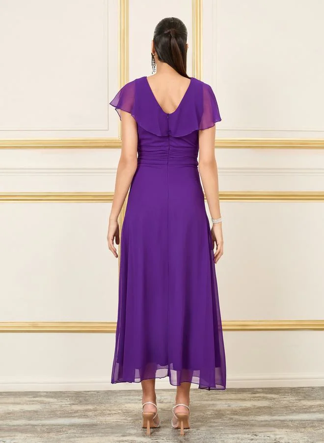 Styli Overlay Ruched Detail Waist A-Line Maxi Dress