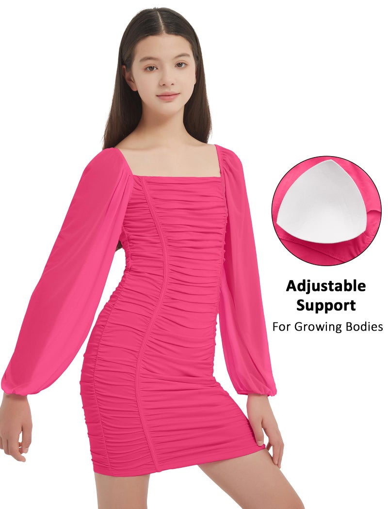 EXARUS Girls Dresses Bodycon Ruched Teens Mesh Lantern Long Sleeve Formal with Removable Pads Homecoming Dance Tight Mini Dress Short Tween Easter Hot Pink 10Y - Image 2