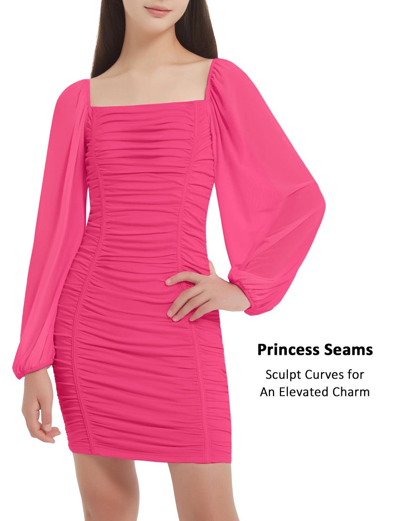 EXARUS Girls Dresses Bodycon Ruched Teens Mesh Lantern Long Sleeve Formal with Removable Pads Homecoming Dance Tight Mini Dress Short Tween Easter Hot Pink 10Y - Image 5