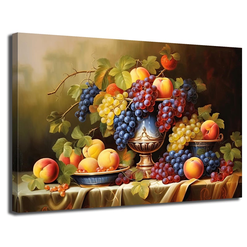 GLOKAKA Kitchen Fruit Canvas Wall Art Vintage Still Life Painting Fruits and Grape Print Picture Rustic Farmhouse Colorful Framed Food Art for Dining Room Home Decor - Image 1