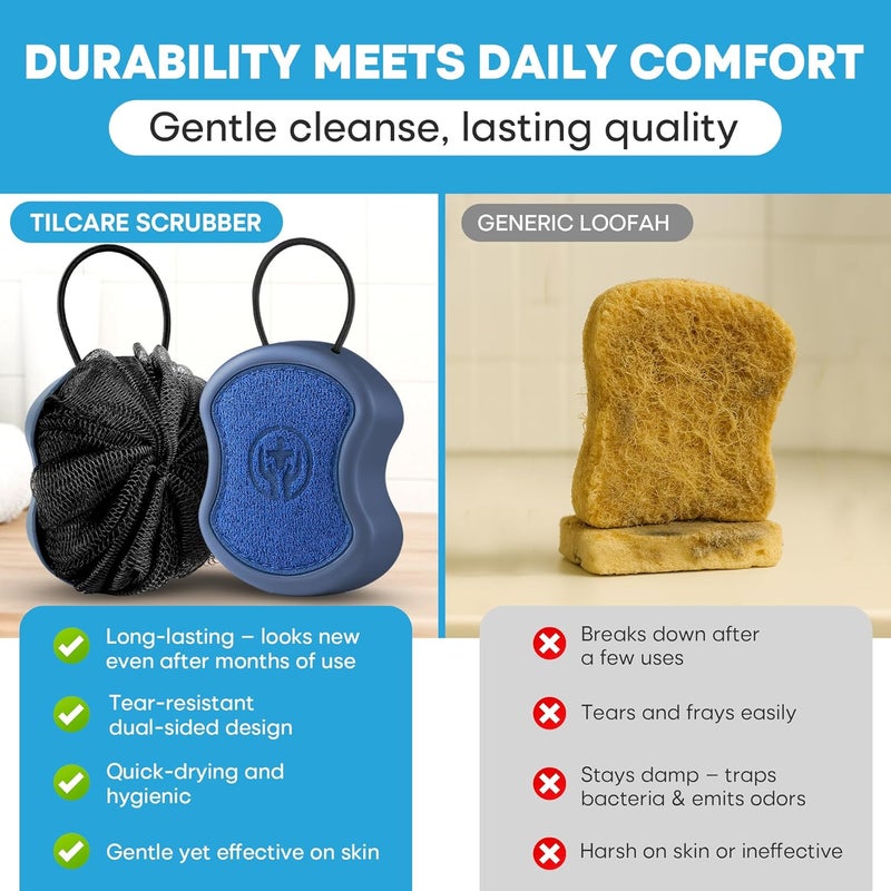 Tilcare Shower Scrubber for Body 2in1 High Foaming Body Scrubber Exfoliator for Men Ergonomic Shower Scrub Deep Exfoliating Travel Bath Brush Loofah for Women Durable Soft Rough Skin Wash Tool - Image 5