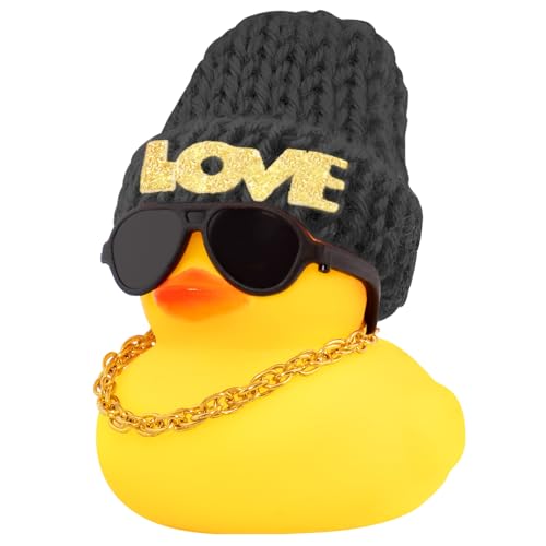 wonuu Car Dashboard Rubber Ducks Saint Valentines Day Decorations Christmas Eve Rubber Ducky for Car Ornament Cute Duck with Love Knit Hat Glasses Necklace Black - Image 1
