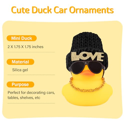 wonuu Car Dashboard Rubber Ducks Saint Valentines Day Decorations Christmas Eve Rubber Ducky for Car Ornament Cute Duck with Love Knit Hat Glasses Necklace Black - Image 5