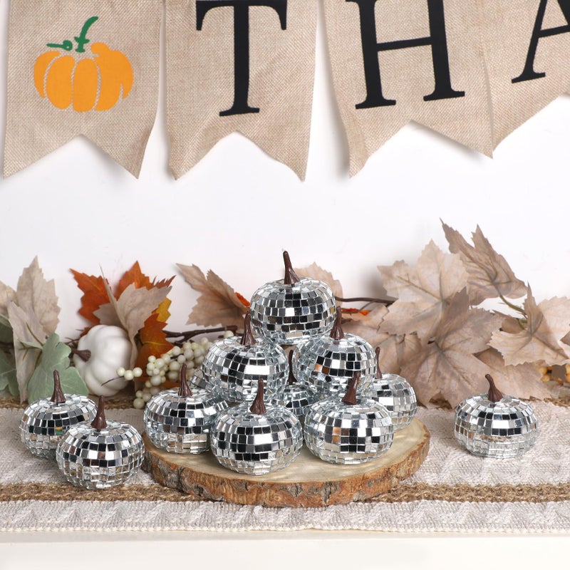 winemana 12 Pack Silver Pumpkin Fall Decor  Foam Glitter Pumpkins for Decorating Mini Artificial Craft Pumpkins for Thanksgiving Table Party Harvest Decorations - Image 2