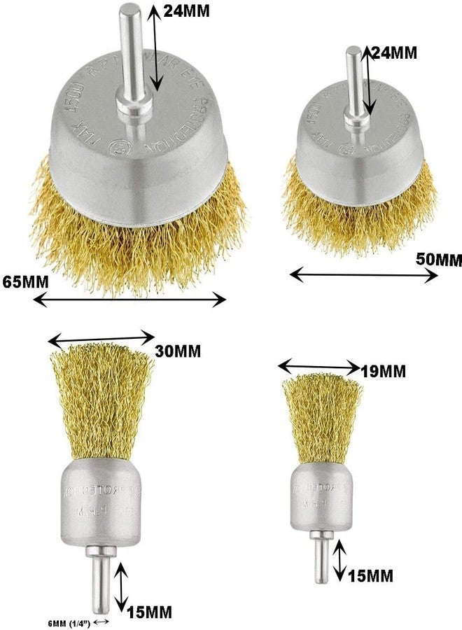 Inditrust 4pc Brass Coated Wire Brush Wheel and Cup Brush Set with 1/4-Inch Shank size (65mm,50mm,30mm & 19mm) for Dust Paint and etc Wheel Brush - Image 2