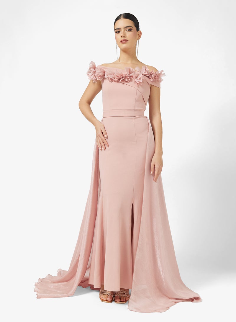 نمشي x فستان   بكتف مكشوف وتفاصيل زهور ثلاثية الأبعاد - Image 5