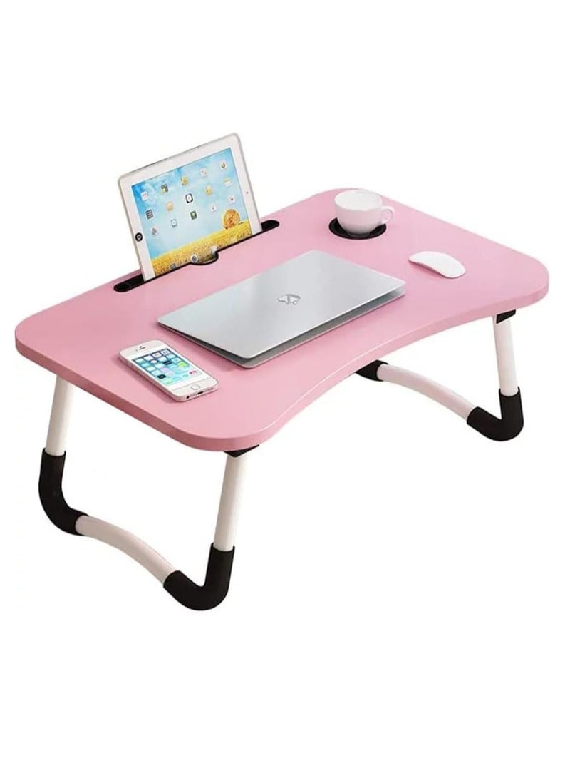 Meetion Portable Folding Laptop Desk for Bed，With iPad and Cup Holder Adjustable Lap Tray Notebook Stand， Foldable Non-Slip Legs Reading Table Tray for working，studying，camping 60x40x28cm Pink - Image 1