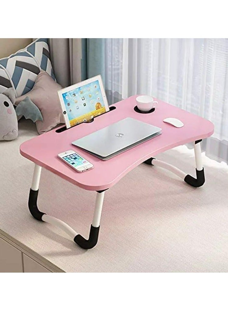 Meetion Portable Folding Laptop Desk for Bed，With iPad and Cup Holder Adjustable Lap Tray Notebook Stand， Foldable Non-Slip Legs Reading Table Tray for working，studying，camping 60x40x28cm Pink - Image 2