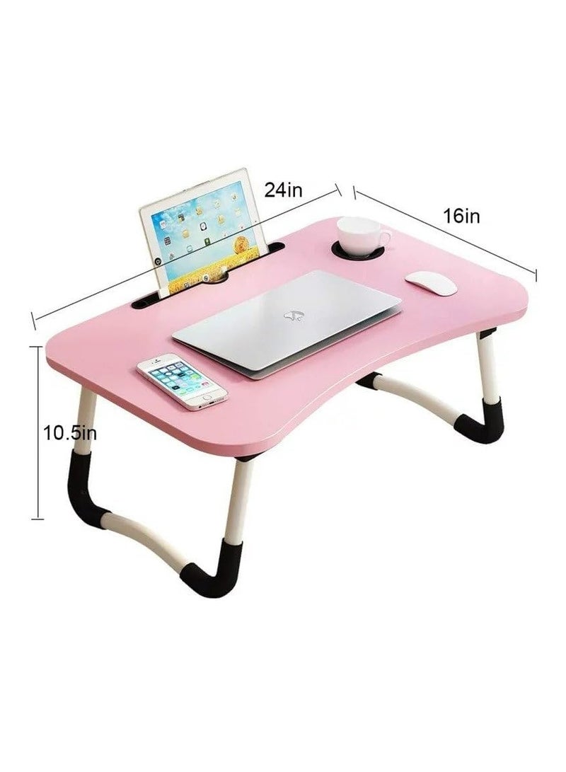 Meetion Portable Folding Laptop Desk for Bed，With iPad and Cup Holder Adjustable Lap Tray Notebook Stand， Foldable Non-Slip Legs Reading Table Tray for working，studying，camping 60x40x28cm Pink - Image 3