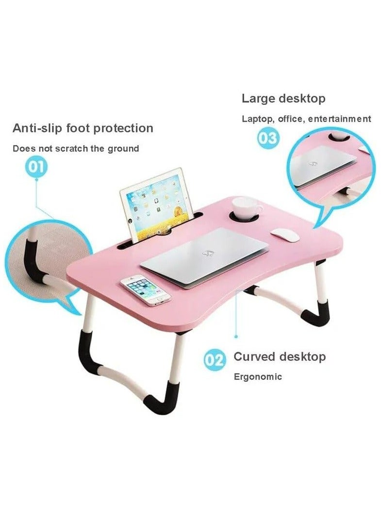 Meetion Portable Folding Laptop Desk for Bed，With iPad and Cup Holder Adjustable Lap Tray Notebook Stand， Foldable Non-Slip Legs Reading Table Tray for working，studying，camping 60x40x28cm Pink - Image 4