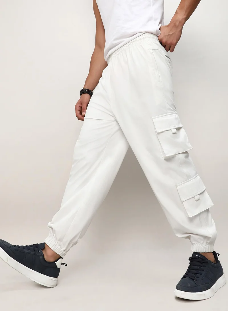 Campus Sutra Men's Egg White Cuffed Hem Cargo Trousers