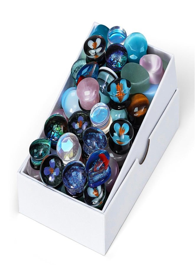 COOEAR 10 Pairs Glass/Stone Ear Tunnels, Random Mix and Match Gauges Flesh Tunnels Plugs Stretchers Expander Double Flared Ear Piercing Jewelry. - Image 1