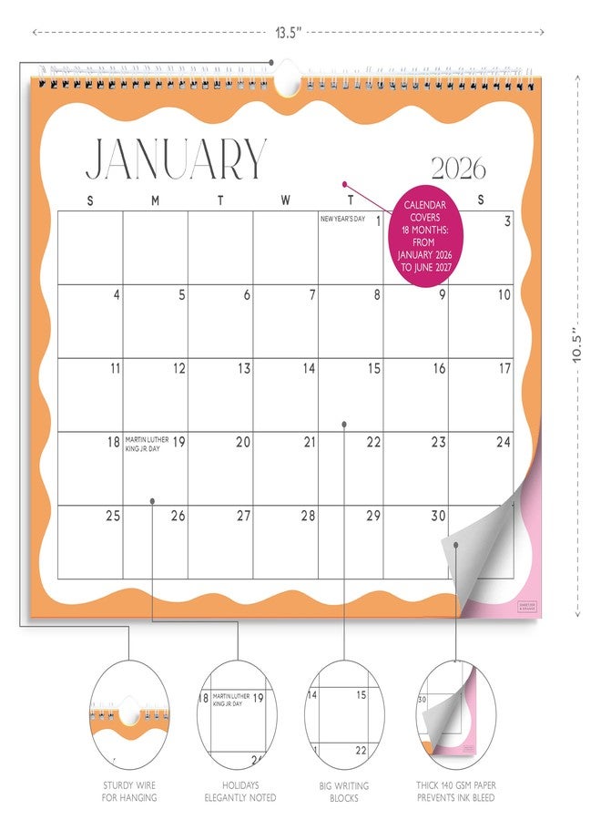 Sweetzer & Orange S&O Modern Wavy Wall Calendar from January 2026-June 2027 - Tear-Off Monthly Calendar - 18 Month Academic Wall Planner - Hanging Organizer to Track Anniversaries & Appointments - 13.5"x10.5”in - Image 3