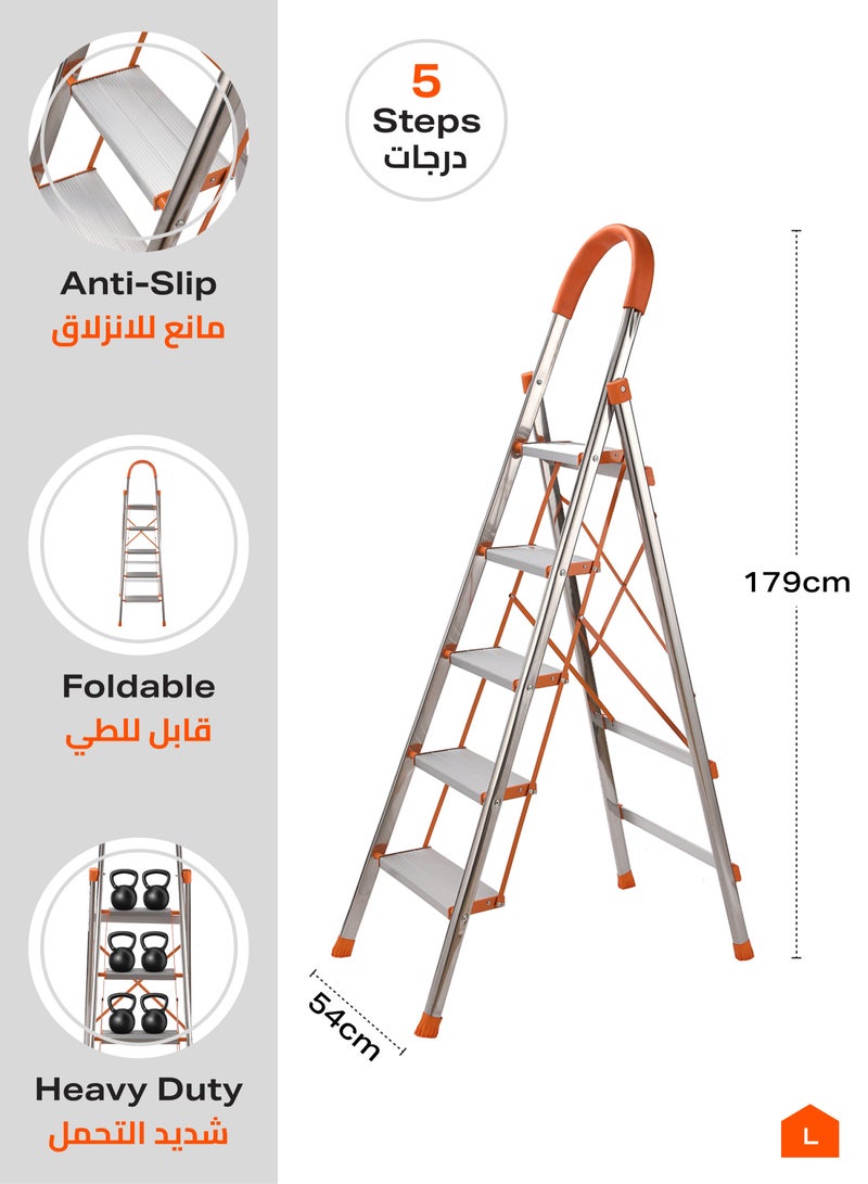 LAWAZIM Stainless Steel Ladder 5 Step- with Hand Grip –Folding Non-Slip Compact and Easy-to-Store Step Ladder for Home Kitchen Office Multi-Purpose Use – Reinforced Beam and Rubber Feet for Stability - Image 2
