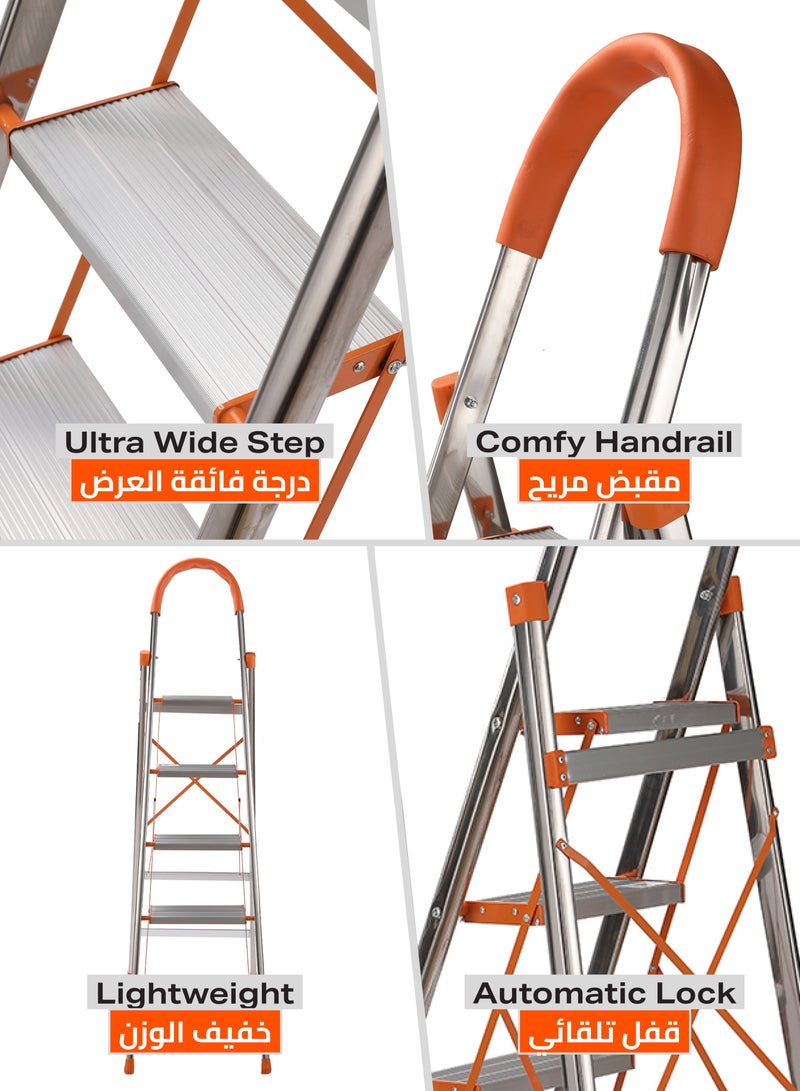 LAWAZIM Stainless Steel Ladder 5 Step- with Hand Grip –Folding Non-Slip Compact and Easy-to-Store Step Ladder for Home Kitchen Office Multi-Purpose Use – Reinforced Beam and Rubber Feet for Stability - Image 3