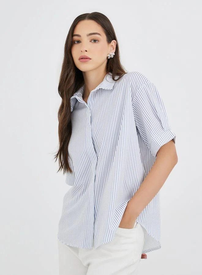 Take Two White Striped Regular Fit Short Sleeve Shirt for Women | Best Price UAE