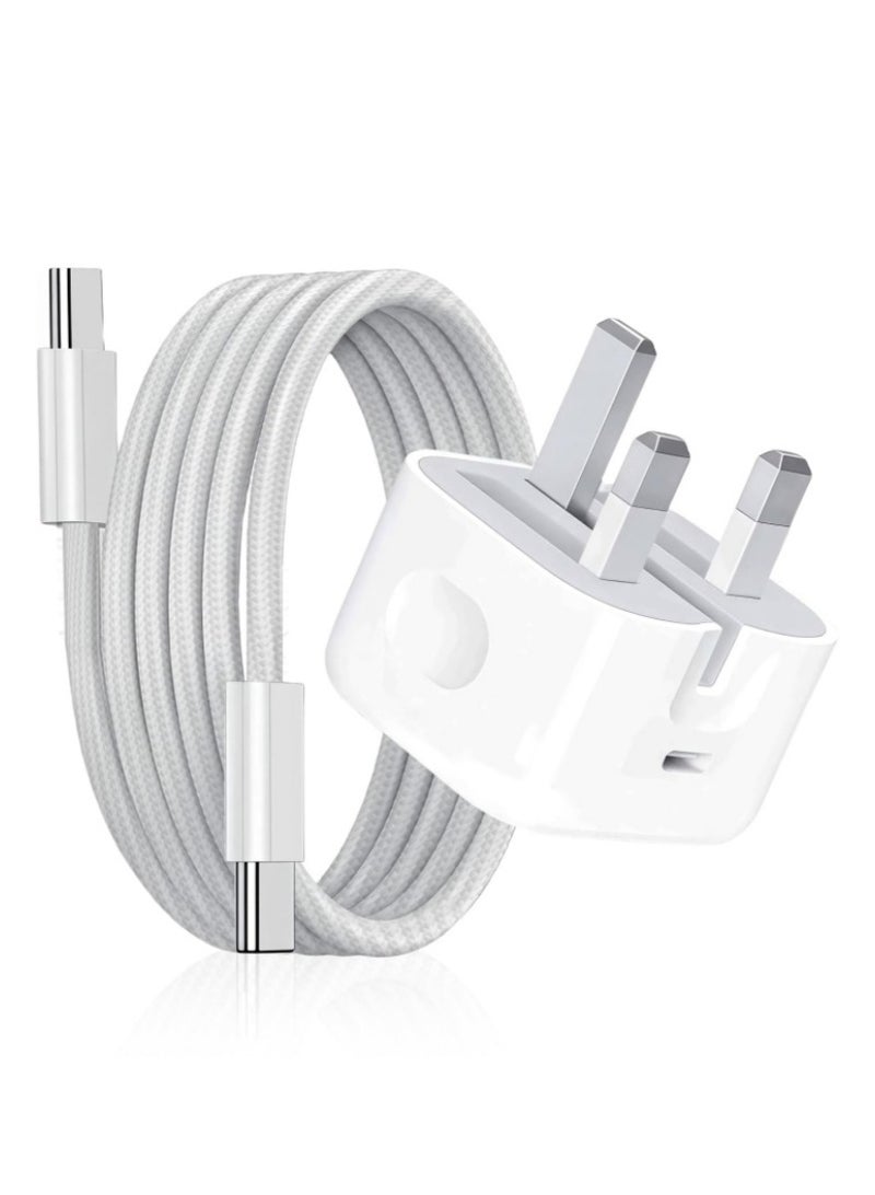 20W Fast Charger for iPhone 15/16, USB C Charger with 1M Type C to C Braided Cable for iPhone 15/16 Full Series, AirPods 4, Airpod Pro 2nd generation, Galaxy and Other Type C Devices  - Image 1