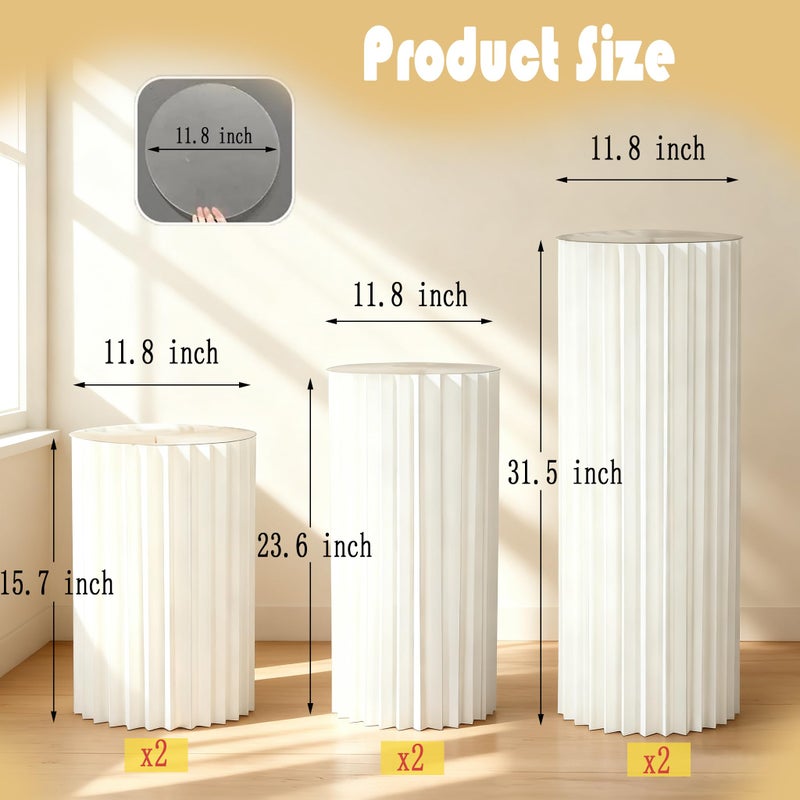Karida حاملات أسطوانية بيضاء محمولة 6 عبوات لحفلات، 31.5"، 23.6"، 15.7" ارتفاع، قاعدة كعكة قابلة للطي من الكرتون، حامل طاولة عمود، قاعدة حدث، أسطوانات لحفلات الزفاف - Image 2