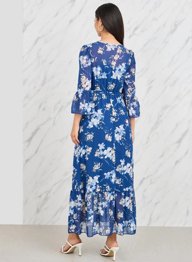 Styli Floral Print Keyhole Neck A-Line Maxi Dress