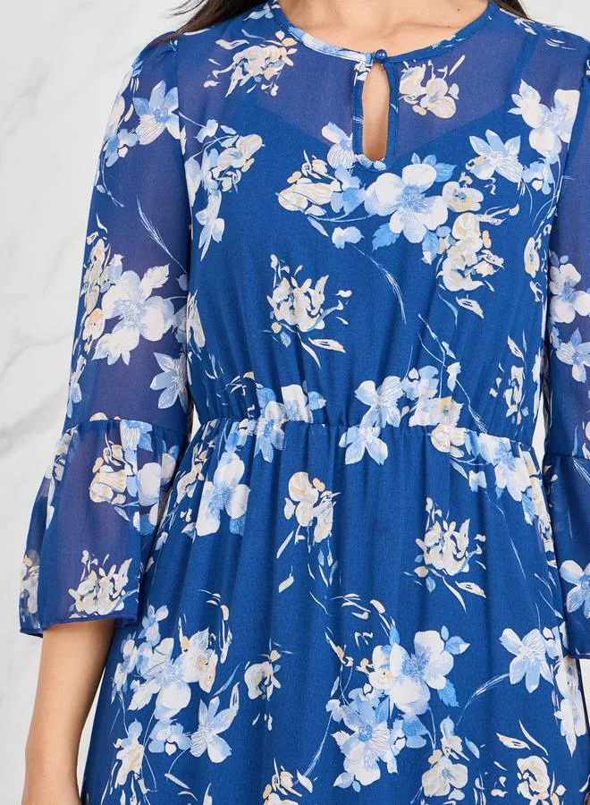 Styli Floral Print Keyhole Neck A-Line Maxi Dress