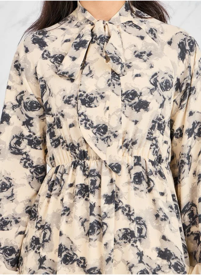 Styli Floral Print Tie Up Neck A-Line Midi Dress