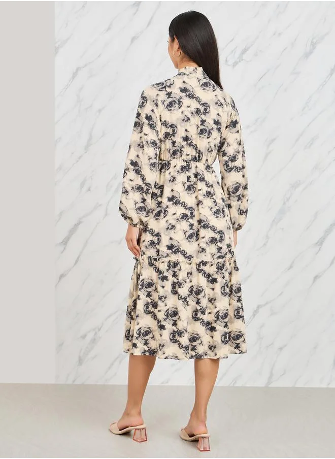Styli Floral Print Tie Up Neck A-Line Midi Dress