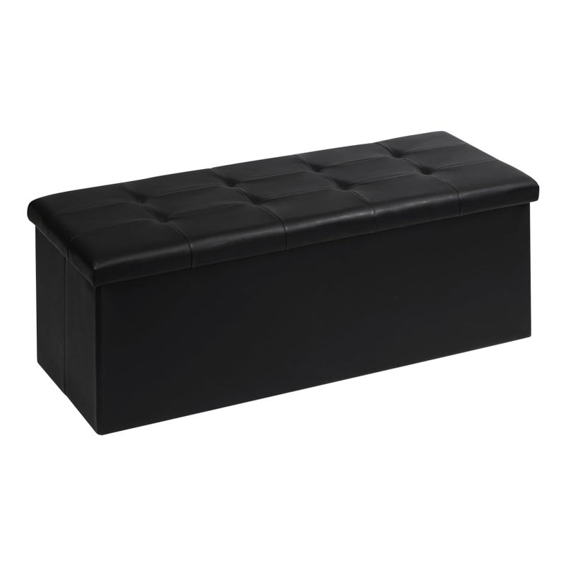 PINPLUS Folding Storage Ottoman Bench Black Faux Leather Long Chest with Tray Footrest Seat Blanket Storage for Living Room Bedroom Office Hallway 433x15x15