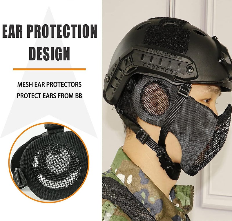Aoutacc Airsoft Protective Gear Set, Half Face Mesh Mask with Ear Protection and Tactical Goggles for Adult Men Women BBS Paintball Shooting CS Survival Games Cosplay - Image 4