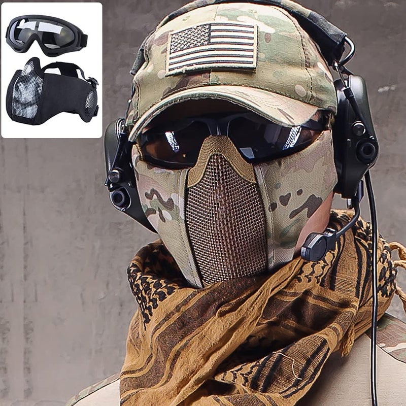 Aoutacc Airsoft Protective Gear Set, Half Face Mesh Mask with Ear Protection and Tactical Goggles for Adult Men Women BBS Paintball Shooting CS Survival Games Cosplay - Image 5