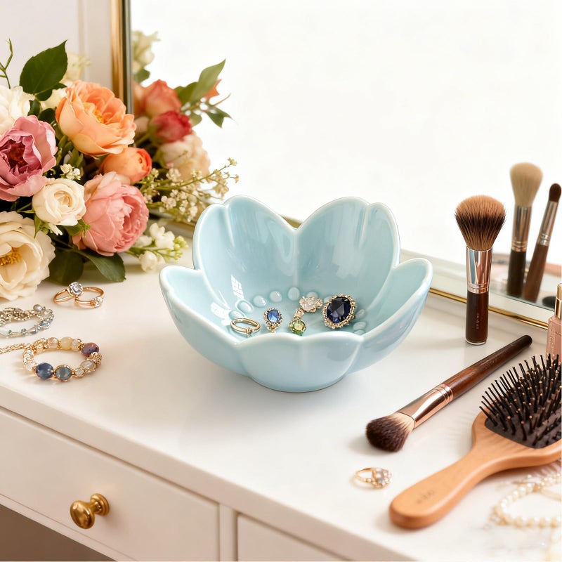 BESSKON Flower Ring Dish Jewelry Tray, Ceramic Jewelry Dish, Cute Small Trinket Tray, Nightstand Bathroom Decor Ring Holder, Jewlery Plate Bowl for Christmas Friendship Birthday Gifts for Women Mom - Image 4