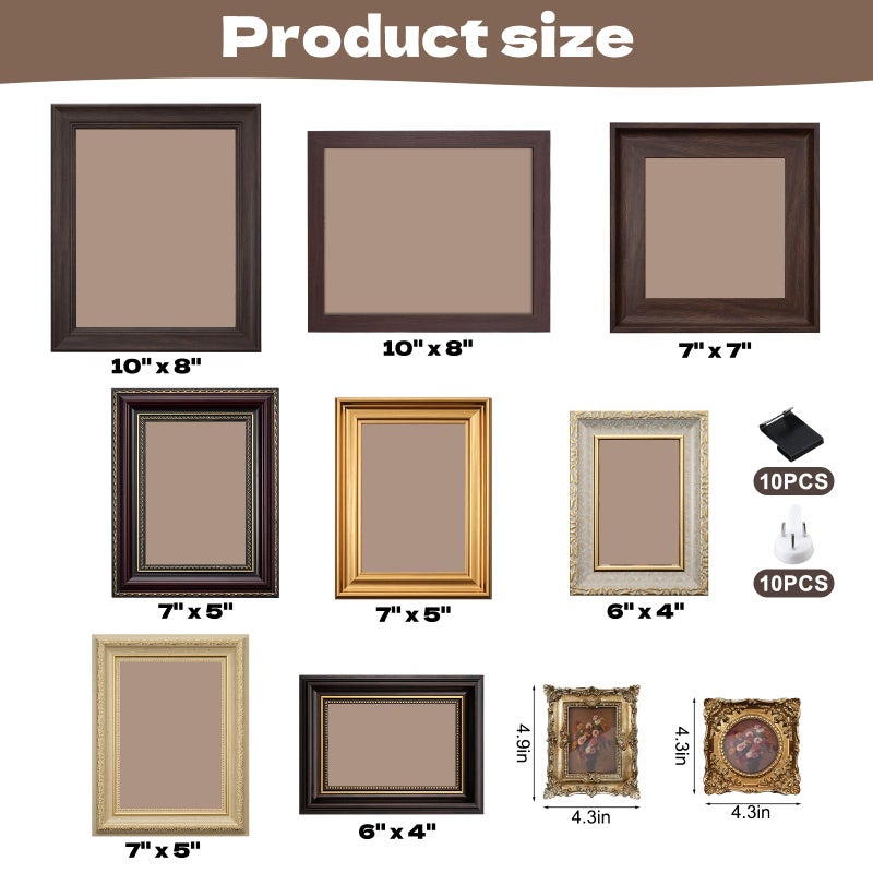 Foxtell 10 Pack Vintage Picture Frames for Wall or Tabletop Display Ornate Vintage Frames Gallery Wall Frame Set Vintage Wall Art for Gallery Bedroom Living Room Antique Photo Frame for Wall DÃ©cor(Classic) - Image 2