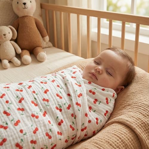 REPRECONF Pack of 2 Ultra Soft Muslin Baby Blankets for Girls Boys Breathable Lightweight Cotton Muslin Swaddle Blankets for Infant Toddler, Newborn Nursery Swaddling Wrap 43"X43" (Floral and Cherry) - Image 4
