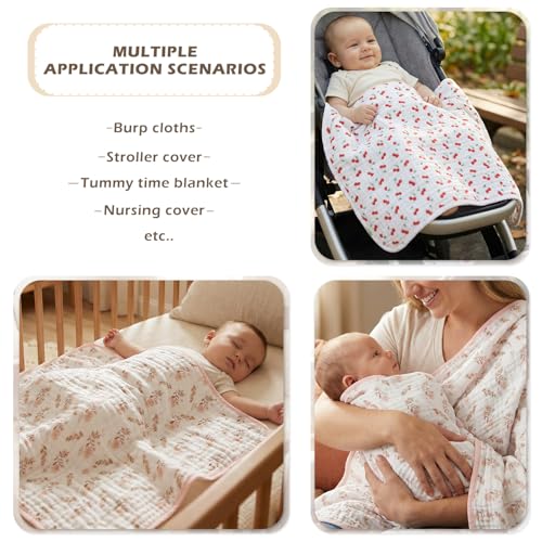 REPRECONF Pack of 2 Ultra Soft Muslin Baby Blankets for Girls Boys Breathable Lightweight Cotton Muslin Swaddle Blankets for Infant Toddler, Newborn Nursery Swaddling Wrap 43"X43" (Floral and Cherry) - Image 3