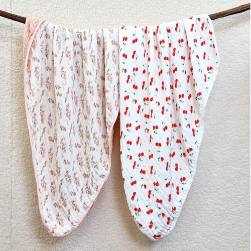 REPRECONF Pack of 2 Ultra Soft Muslin Baby Blankets for Girls Boys Breathable Lightweight Cotton Muslin Swaddle Blankets for Infant Toddler, Newborn Nursery Swaddling Wrap 43"X43" (Floral and Cherry) - Image 2