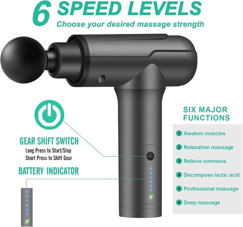 Bluejw Massage Gun, Handheld Electric Muscle Massager Gun,6 Speeds, Quiet, Deep Tissue Massager for Sport Soreness Relief, Muscle Massage Relax, adapter charging, ???? ?????, Grey - Image 2