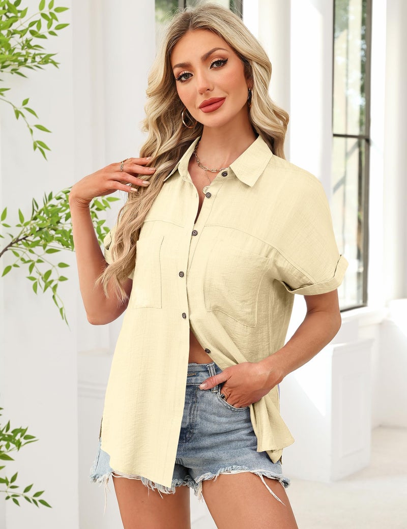Kistore Womens Button Down Shirts Short Sleeve Summer Tops Cap Sleeve V Neck Collared Line Blouses Casual with Pockets S Apricot - Image 3