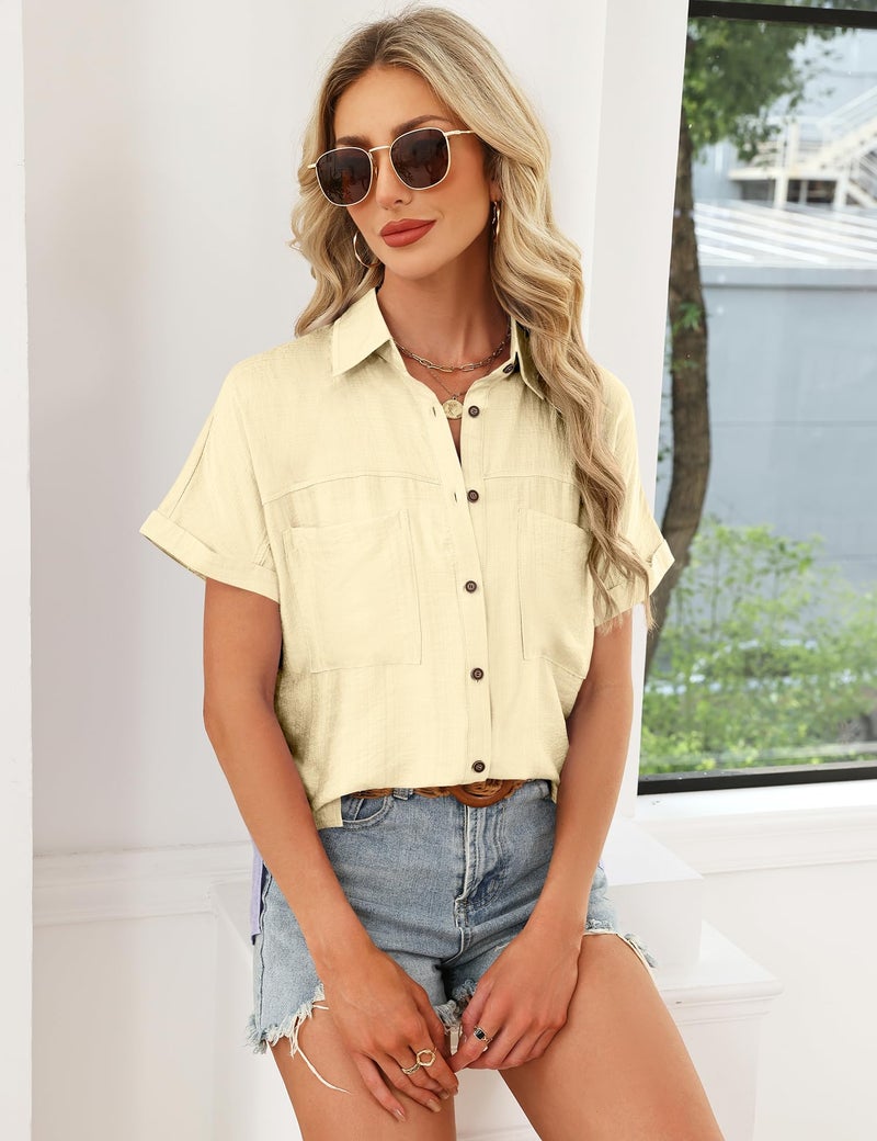 Kistore Womens Button Down Shirts Short Sleeve Summer Tops Cap Sleeve V Neck Collared Line Blouses Casual with Pockets S Apricot - Image 4