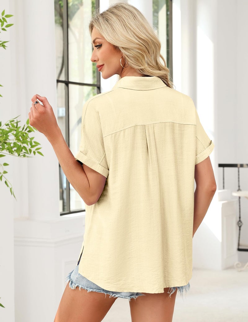 Kistore Womens Button Down Shirts Short Sleeve Summer Tops Cap Sleeve V Neck Collared Line Blouses Casual with Pockets S Apricot - Image 5