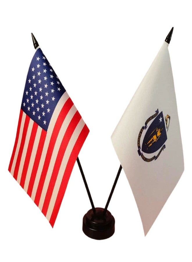America & Massachusetts Twin Desk Flag, US Massachusetts Table Flags, 8 x 5 Inches Massachusetts Deluxe Desk Flag Set - Miniature USA & Massachusetts Stick Flag with Flag Stand
