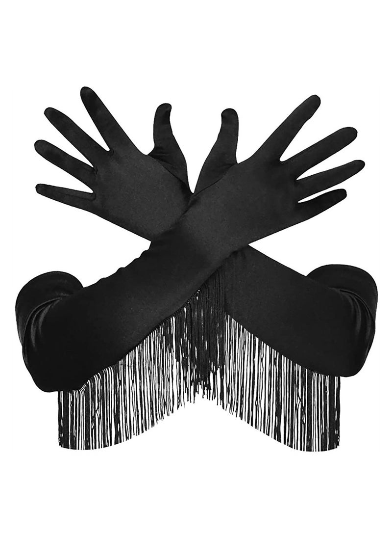 Excefore Satin Gloves Opera Gloves, Long Evening Gloves Women 20s Vintage Tassel Elbow Glove Decorative Mitten Bridal Gloves for Latin Dance Performance Costume Party Wedding  - Image 1