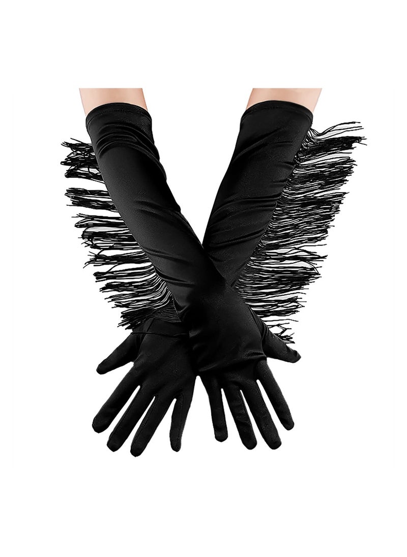 Excefore Satin Gloves Opera Gloves, Long Evening Gloves Women 20s Vintage Tassel Elbow Glove Decorative Mitten Bridal Gloves for Latin Dance Performance Costume Party Wedding  - Image 2