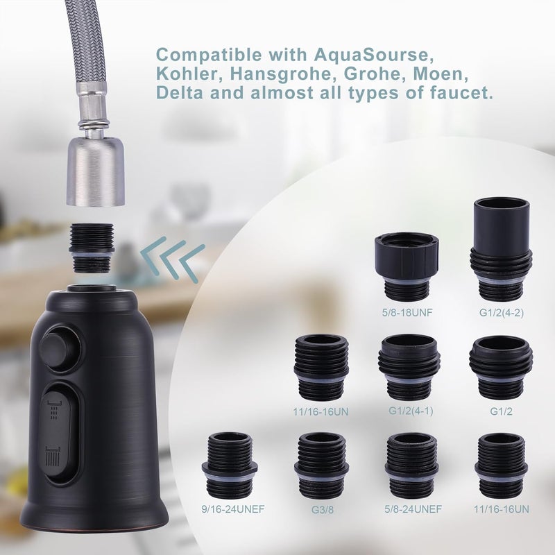 ALEASHA Pull Down Faucet Head Replacement,3-Function Kitchen Faucet Spray Head with 9 Adapters,Kitchen Faucet Head Sink Spray Nozzle Compatible with American Standard,Oil Rubbed Bronze - Image 2